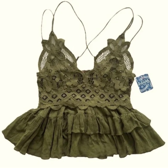 NWT Free People Adella Lace Ruffled Cami Top Olive Green Size Medium - Picture 4 of 8
